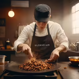 the man in an apron is preparing some food