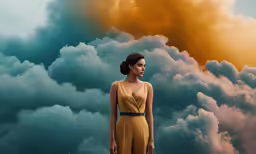a woman with blond hair standing near a giant cloud