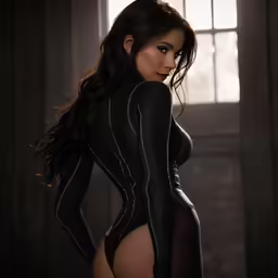 a woman is dressed in a black latex outfit