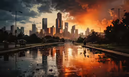 a person stands in the reflection of the sun setting on a city street