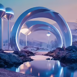 an artistic landscape made out of curved metal structures