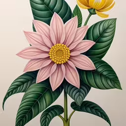a painting of flowers on top of green leaves,this painting shows yellow and pink flowers on a white background