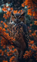 the owl is perched on the branch next to flowers