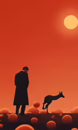 a man standing on top of a hill near a dog