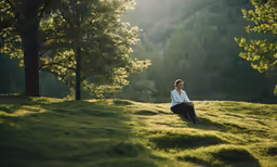 the young lady is sitting on the grass in the forest