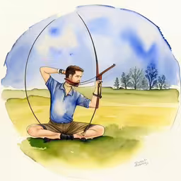 a drawing of a man sitting in the grass with a rifle in his hand,a man that is sitting on the ground with an archery gun