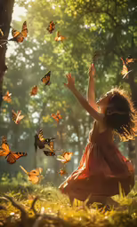 the young girl is flying in the air among butterflies