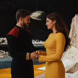 a man and woman dressed in military clothing and garb, standing next to an alien land