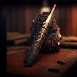 an electronic device on a table with a pen