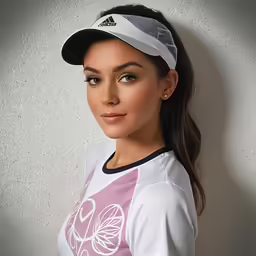 a women posing for the camera wearing a hat