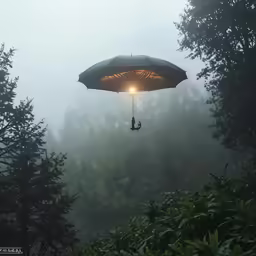 an umbrella with a glowing light inside is in the air above trees