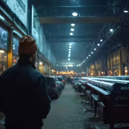 a man standing in an empty warehouse at night