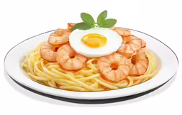a plate filled with noodles and shrimp with a fried egg on top