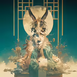 an artistic poster with an animal wearing clothes
