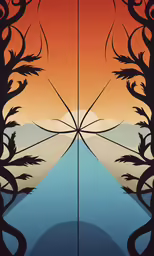 a painting with a lake in the middle