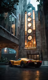 an yellow car is parked outside a building