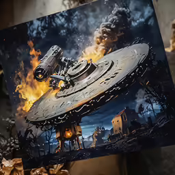a drawing of a space ship with flame