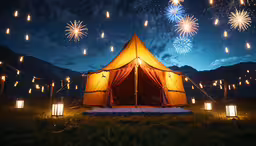 the tent is illuminated by firework on a dark night,a tipper on the grass with fireworks around it