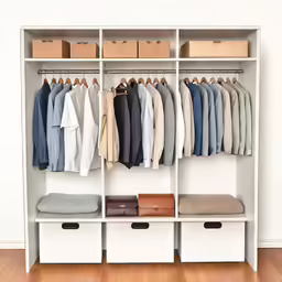 a white closet has lots of clothes and boxes