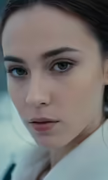 a beautiful young woman wearing a white top and blue eyes