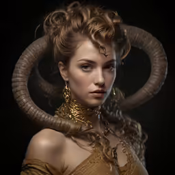 a woman with an odd haircut is in front of a black background