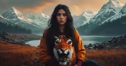 the woman is holding a small tiger, posing in front of mountains