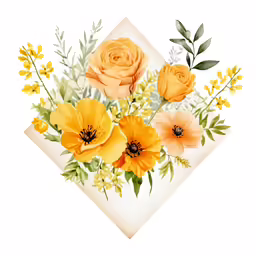 a painting of an orange flower with green leaves