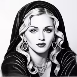 the drawing of madonna is drawn with black and white paper