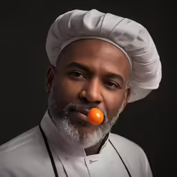 a chef wearing a white hat and orange nose bubble