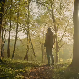 a man is walking through the forest alone