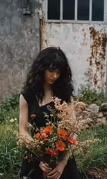 a woman in a black dress is holding a bunch of flowers