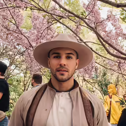 a man in a hat and jacket is wearing a large hat