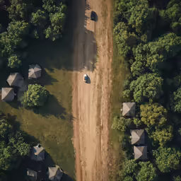 an aerial view shows several camps and shacks