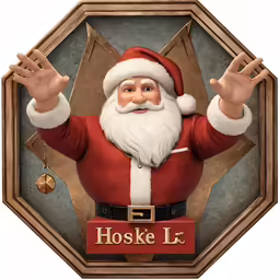 santa clause holding up his arms in front of an octagonal sign