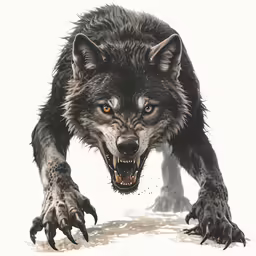 an angry wolf running down the snow covered ground