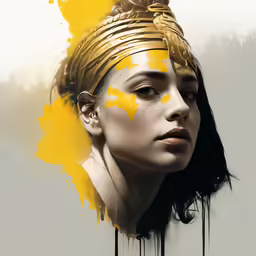 the woman is painted yellow and has a gold headpiece