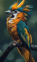 an exotic bird with bright colored feathers sitting on a branch
