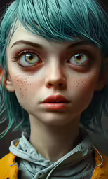 a close up of a person with blue hair and green hair