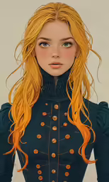 a girl in uniform with yellow hair and green shirt