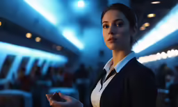 a girl in a suit and tie standing in a room with people