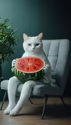 a cat holding up a piece of watermelon