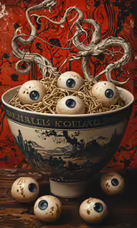 some bowls with eggs and googly eyes with noodles in them