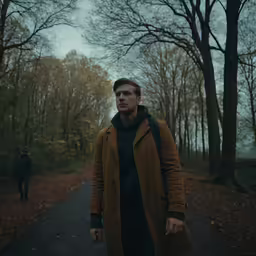 a man in a brown jacket walking down a path