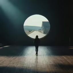 a woman walking into the tunnel in the middle of the room