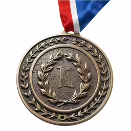 an antique bronze medal with a red white and blue ribbon