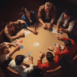 people gathered at a table playing cards with scissors