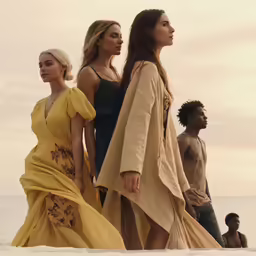 three young women in dresses standing on a beach