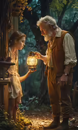 a young girl handing a lantern to an old man