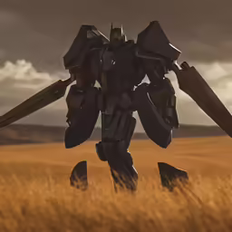 a large robot in a field with brown grass