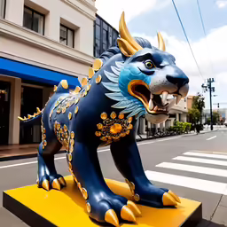 a statue of a black lion is displayed outside